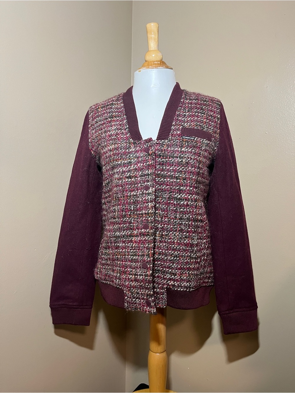 Members Only Bouclé Bomber Jacket Burgundy Tweed Quilted Medium